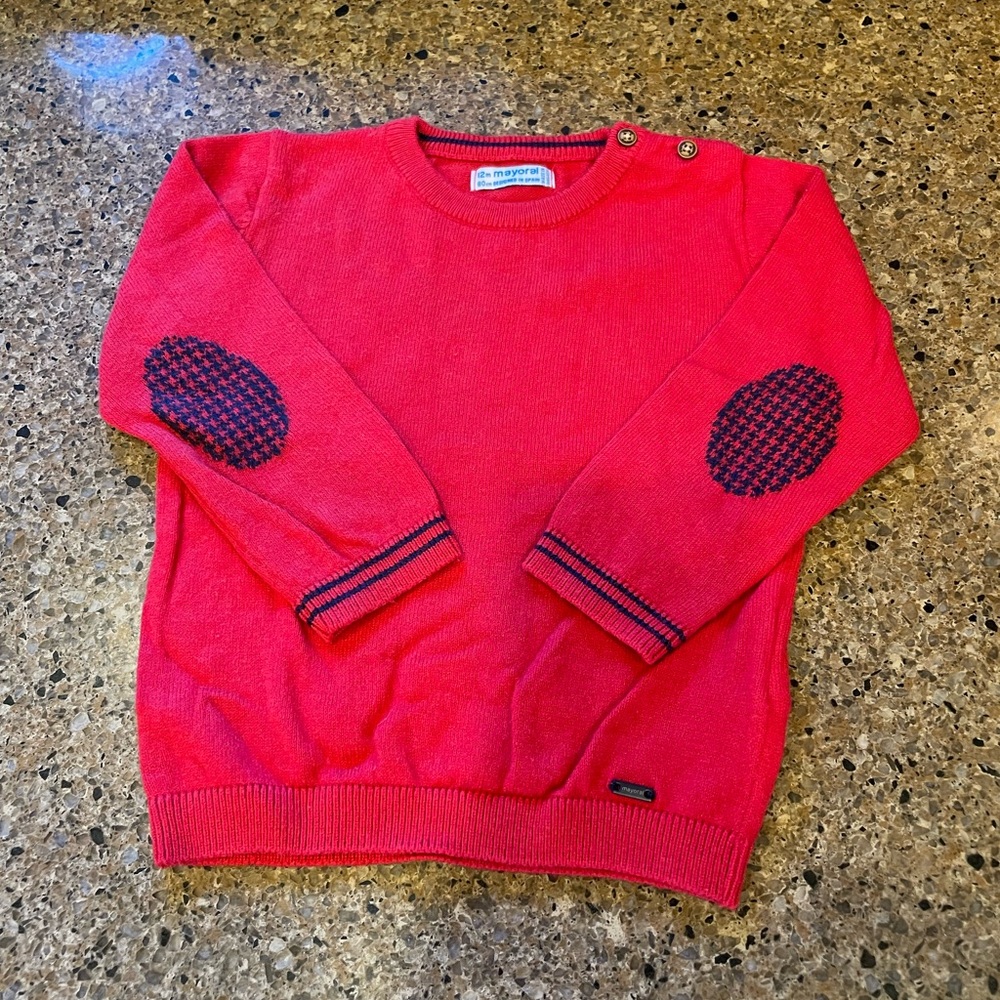 Mayoral  Red Crewneck Sweater with Navy Elbow Patches 12 month